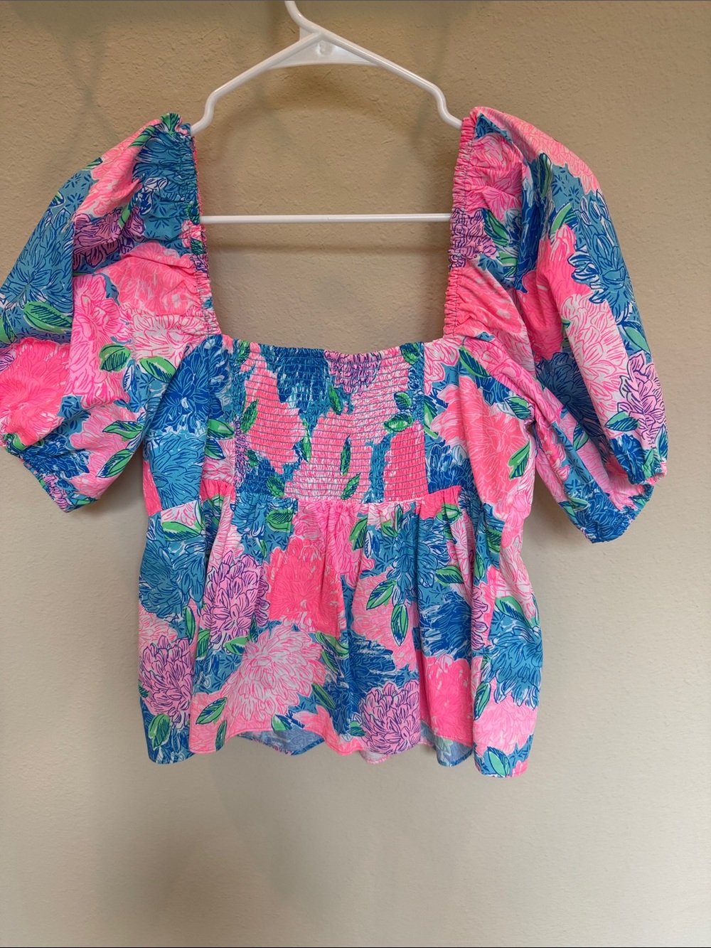 Lilly Pulitzer Pink & Blue Floral Puff-Sleeve Peplum Top - Picture 2 of 3